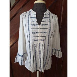J. Jill Womens White & Blue Embroidered Cotton Tunic Blouse Size S